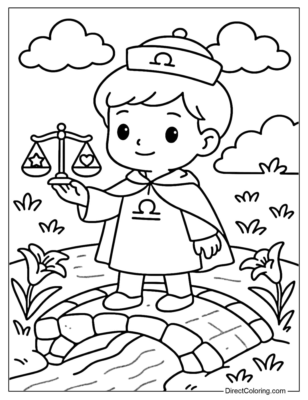A Libra coloring page wearing a cloak with a symbol, a small balance hat, and a scale containing a star and a heart, standing on a bridge.