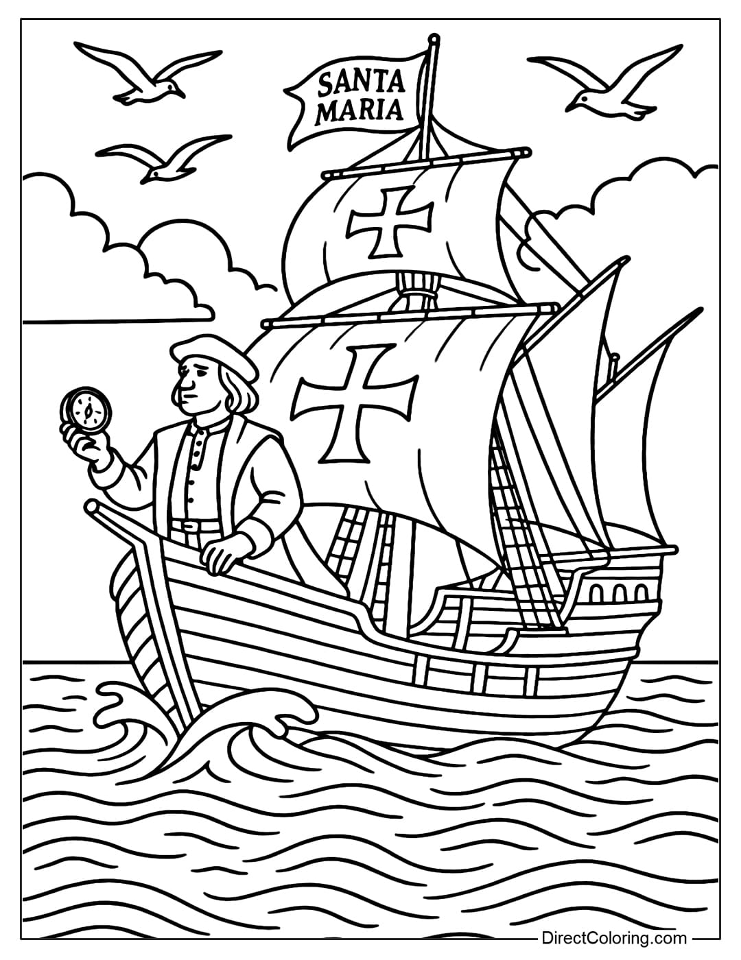 Coloring page of the Santa María ship sailing across the ocean, Columbus standing at the bow holding a compass.