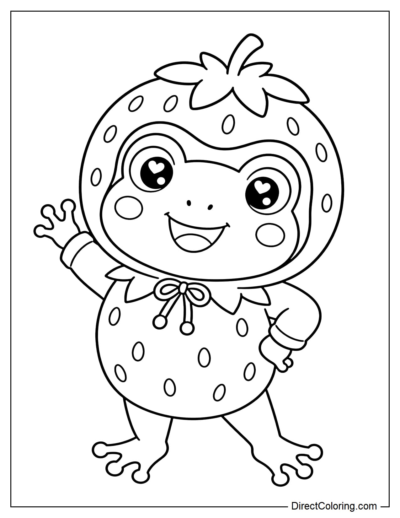A cute frog is wearing a stylish strawberry outfit, with a small strawberry leaf on its head and a simple shirt with a few large strawberry seeds.