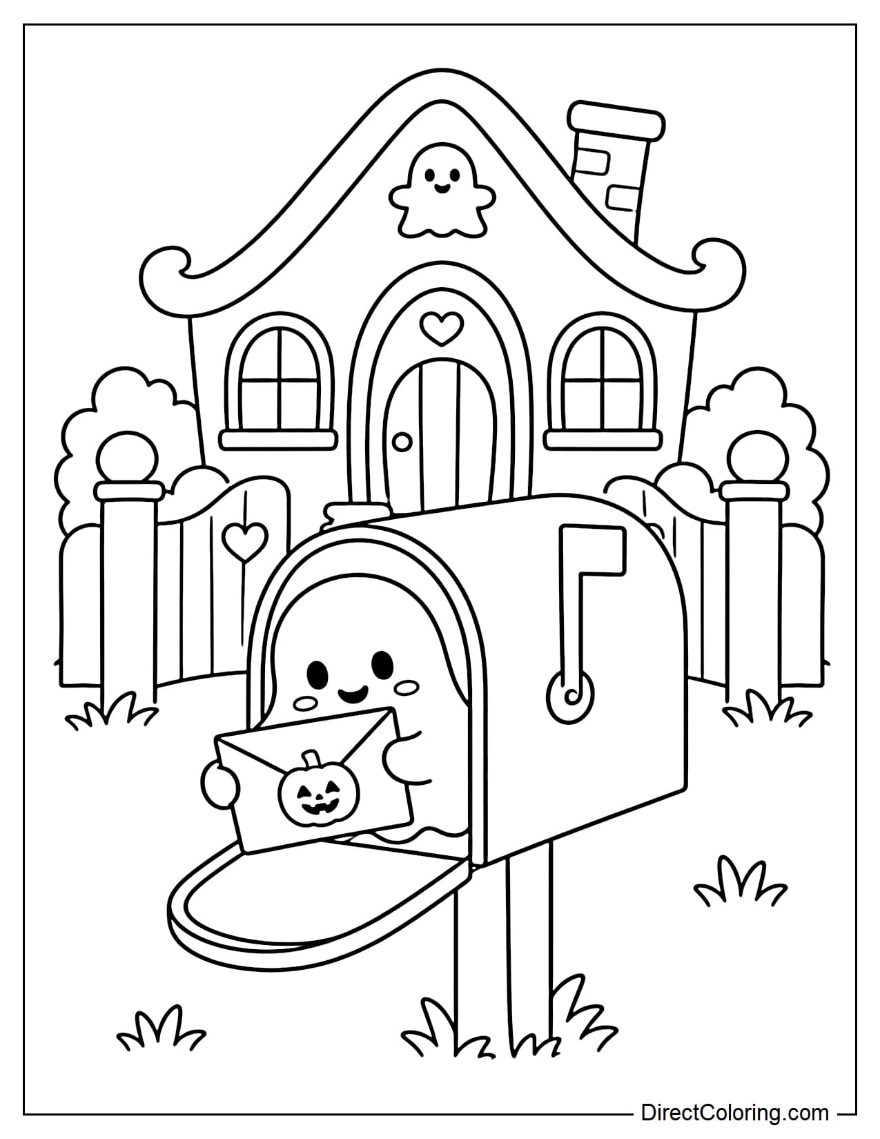 A small haunted house has a giant mailbox standing near the front gate. A little ghost pops halfway out of the mailbox while holding a pumpkin-shaped letter.