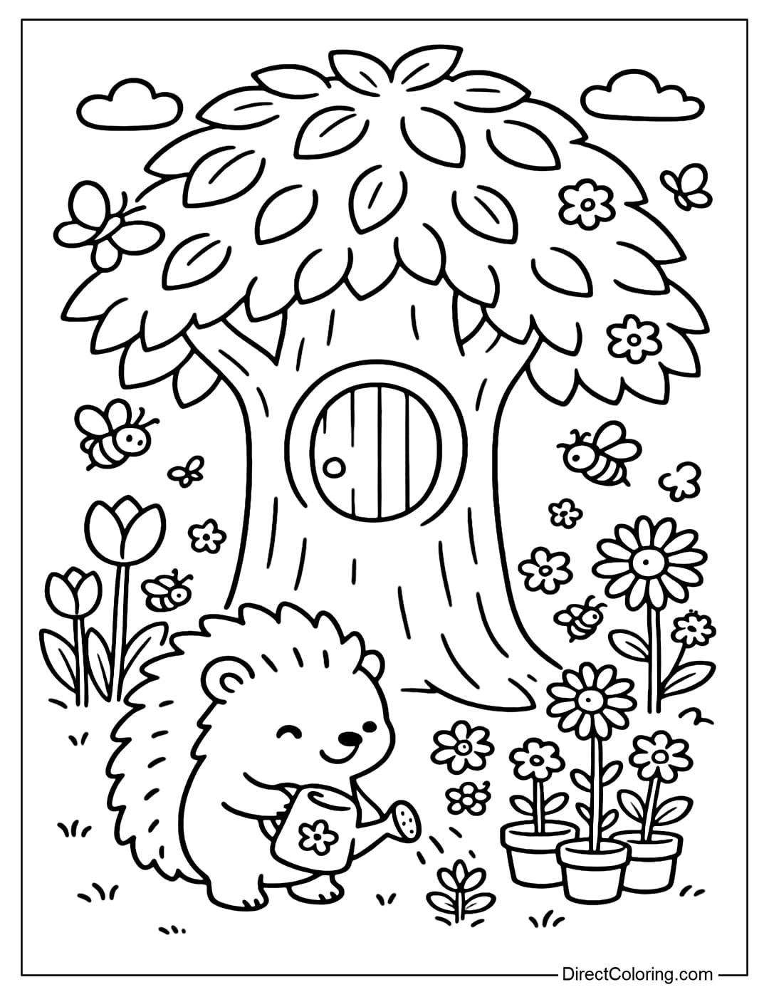 Spring Stump Coloring Page Spring tree stump coloring page, blooming flowers and butterflies flying around.
