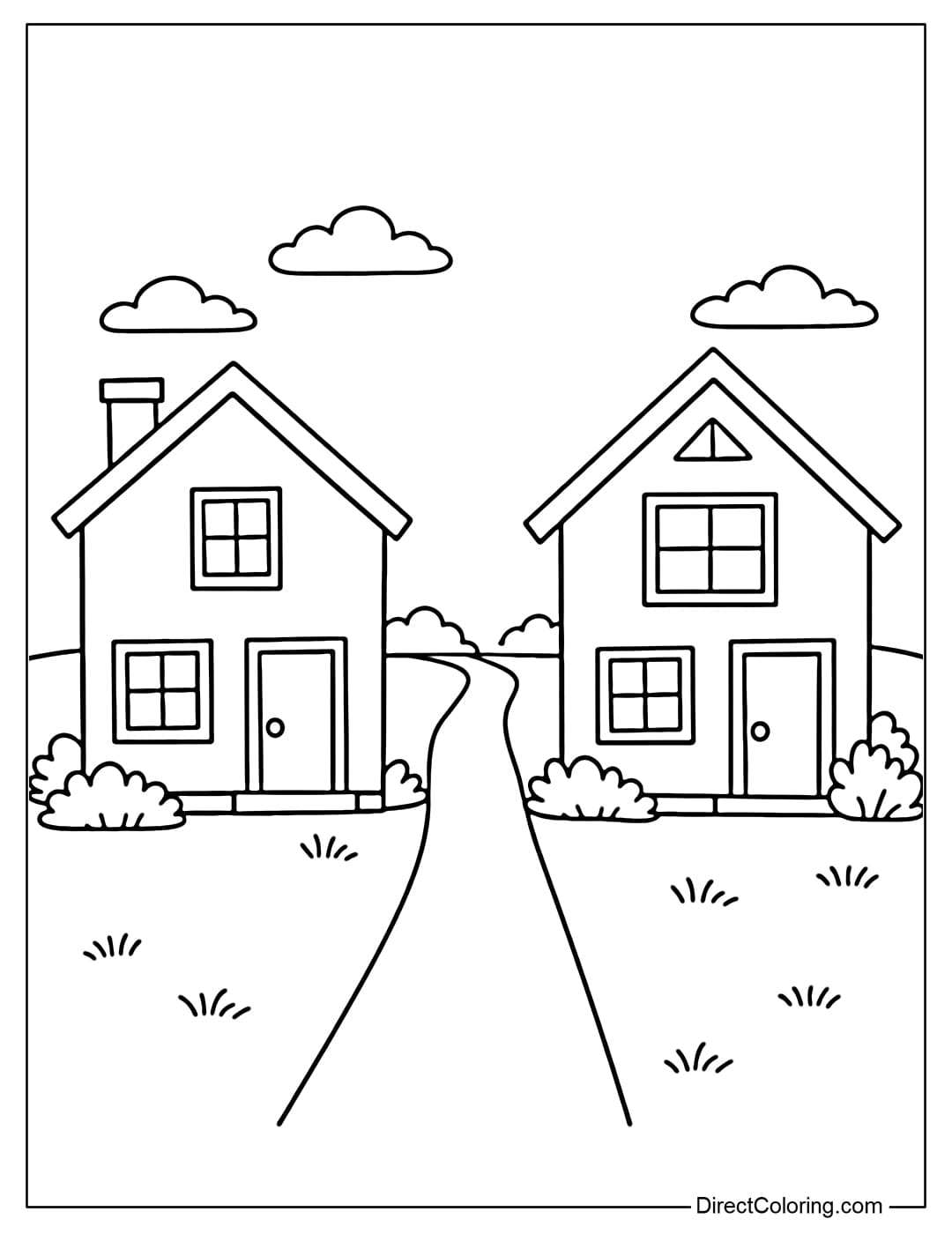 Coloring page of two simple houses standing next to each other with a small path between them.