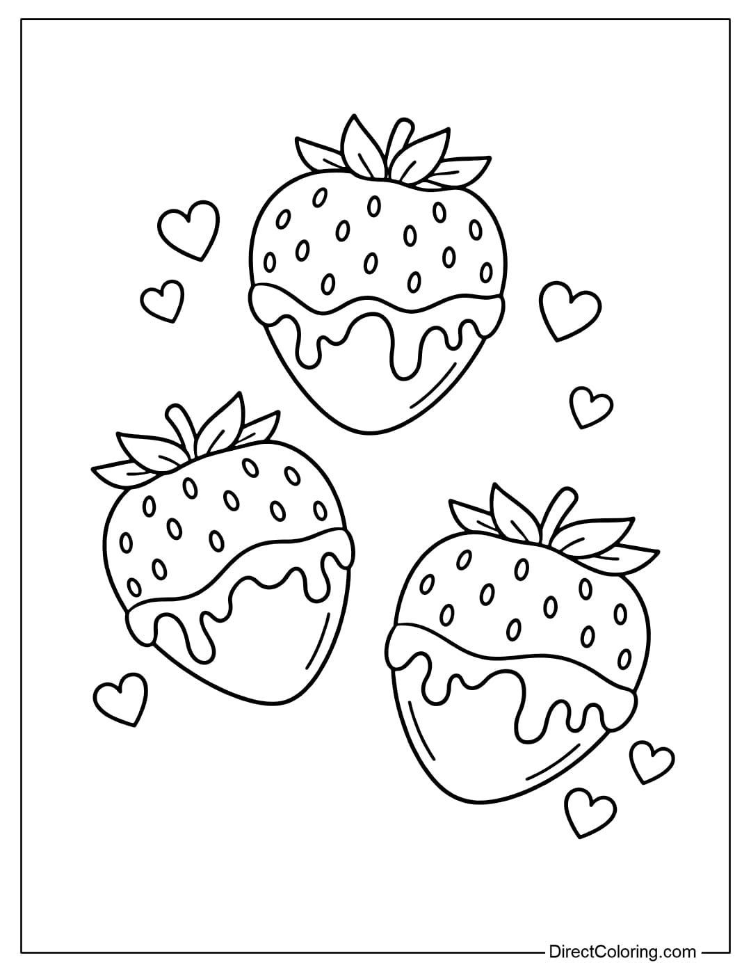Coloring page featuring chocolate-dipped strawberries, half-covered in chocolate, with melted chocolate and small hearts around the top.
