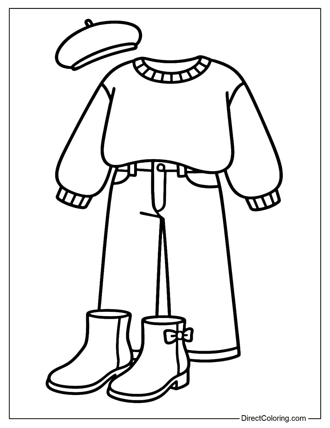Cozy Outfit Set Coloring Page Coloring page for a stylish autumn outfit set including an oversized sweater, wide-leg jeans, short boots and a cute beret.