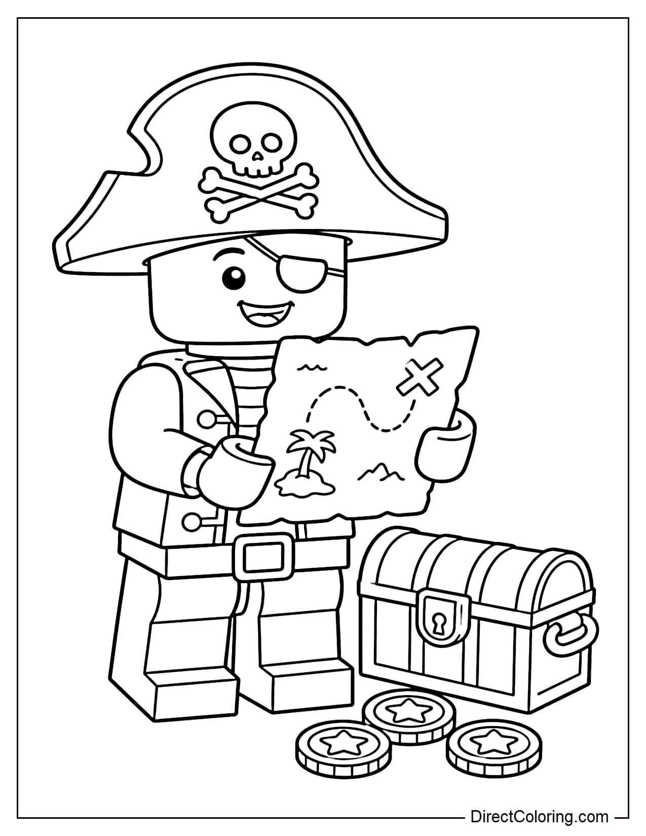 A LEGO pirate is holding a treasure map with a large hat, next to a small treasure chest and some large coins.