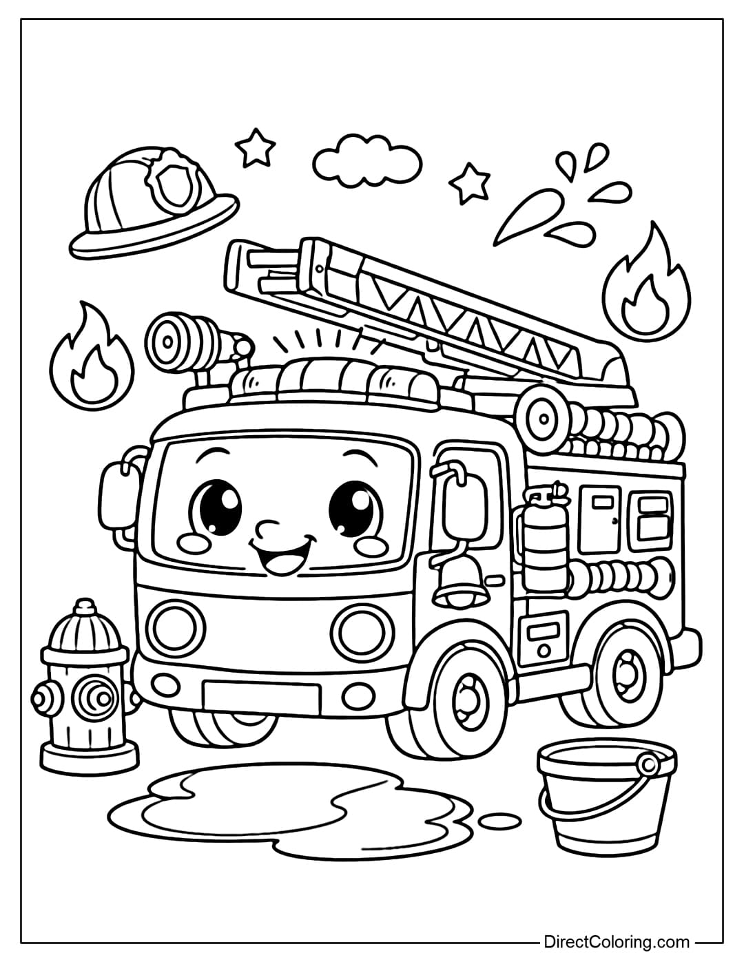 Coloring page featuring a cute cartoon-style mini fire truck.