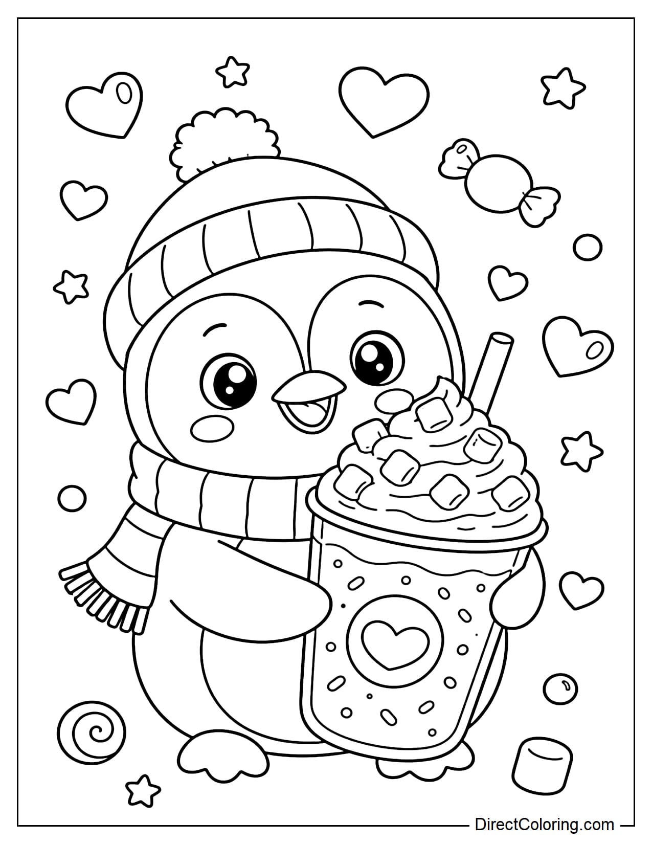 A cute penguin is holding a smoothie cup topped with soft marshmallows and a large whipped cream. There are small round hearts, stars, and candy toppings around it.