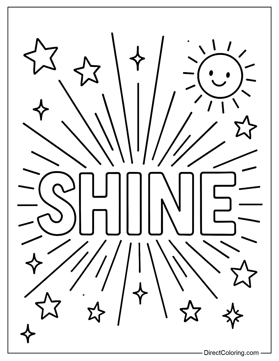 Shine coloring page emits rays of light, surrounded by stars and small suns.