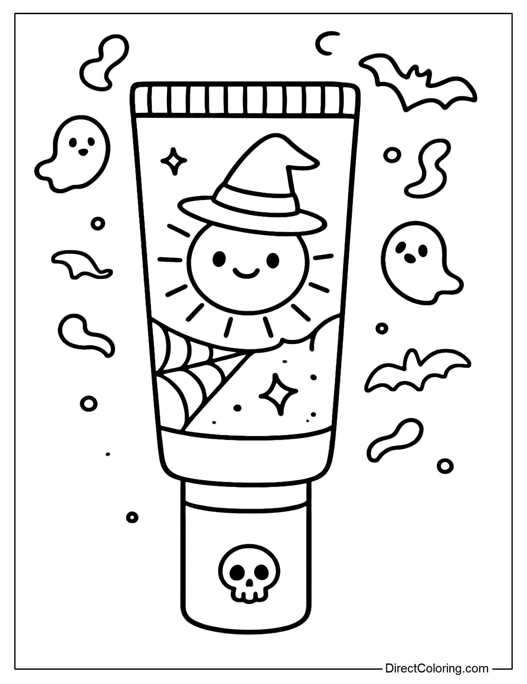 Coloring page of a cute Halloween sunscreen tube, with a smiling sun wearing a witch's hat on the tube.