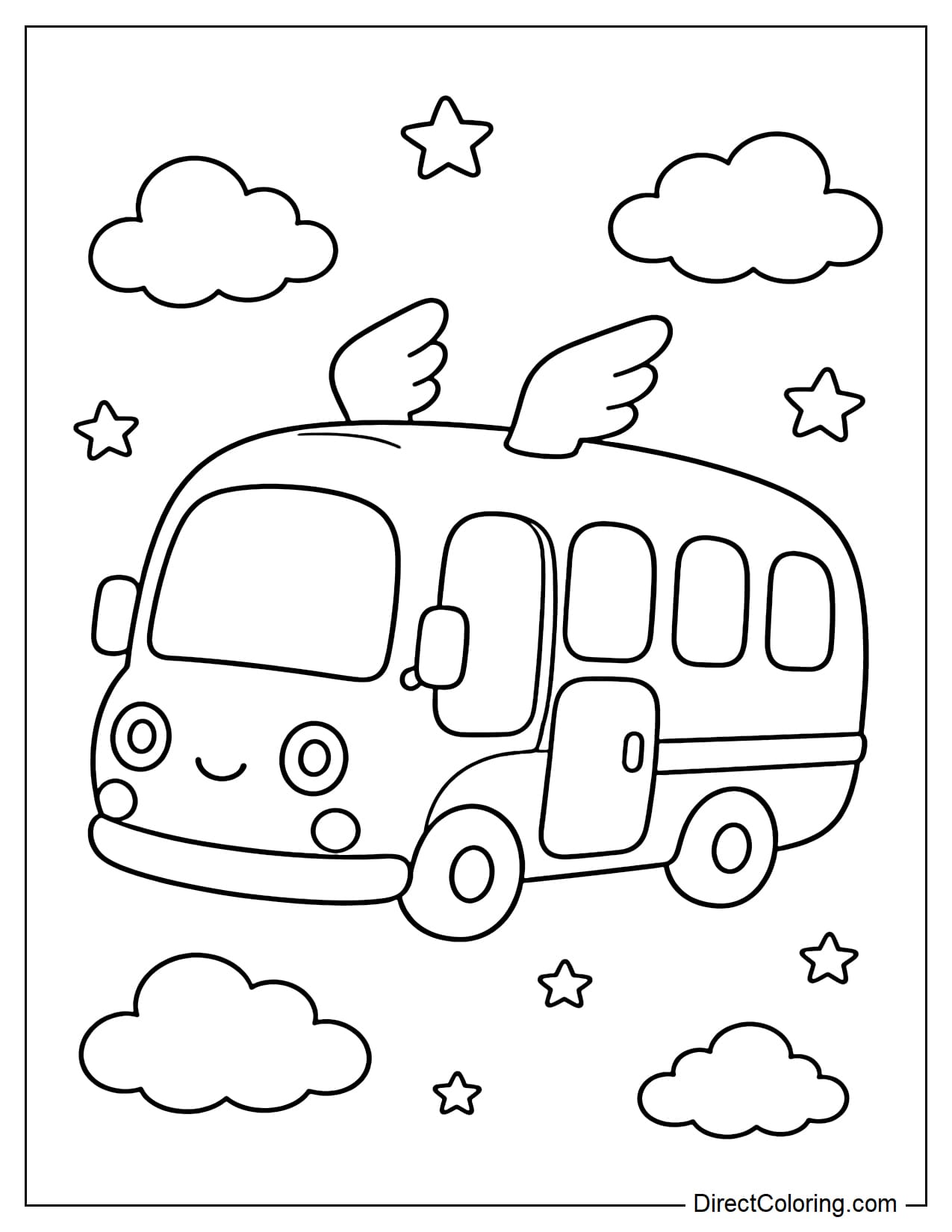 A cartoon-style school bus with small wings on the roof, a round body, cute rounded windows, and some clouds and stars around it.