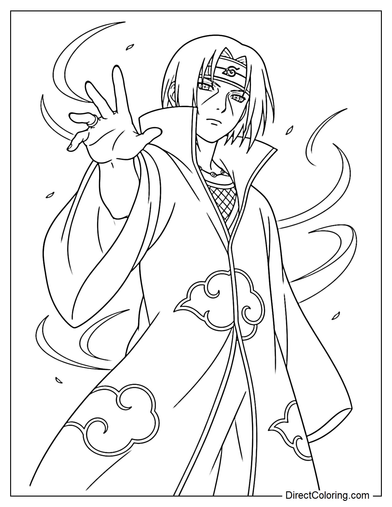 Itachi gently raises one hand with a calm expression, with wind behind him, creating a sense of power.
