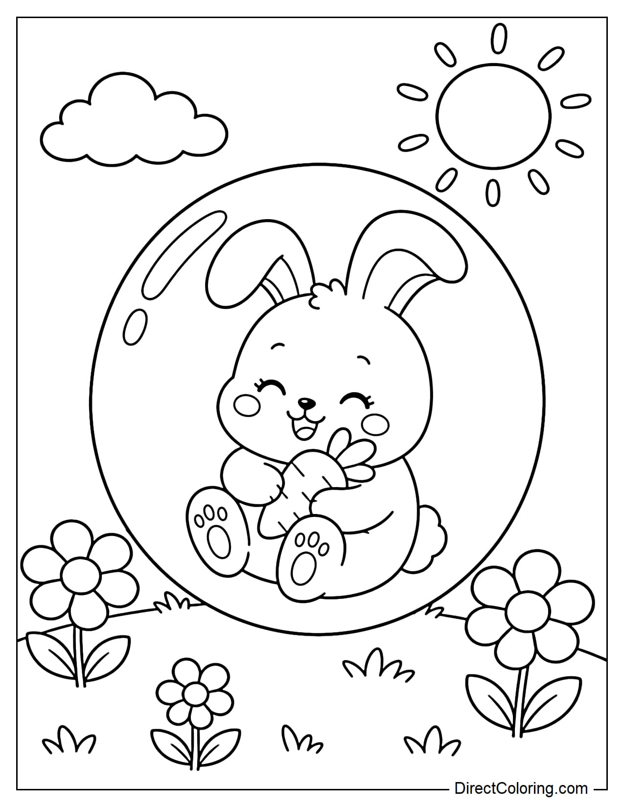 A small rabbit curls up happily inside a large round water bubble while holding a small carrot close to its chest. Behind it are a low grassy area, a few large flowers, and a simple sun.