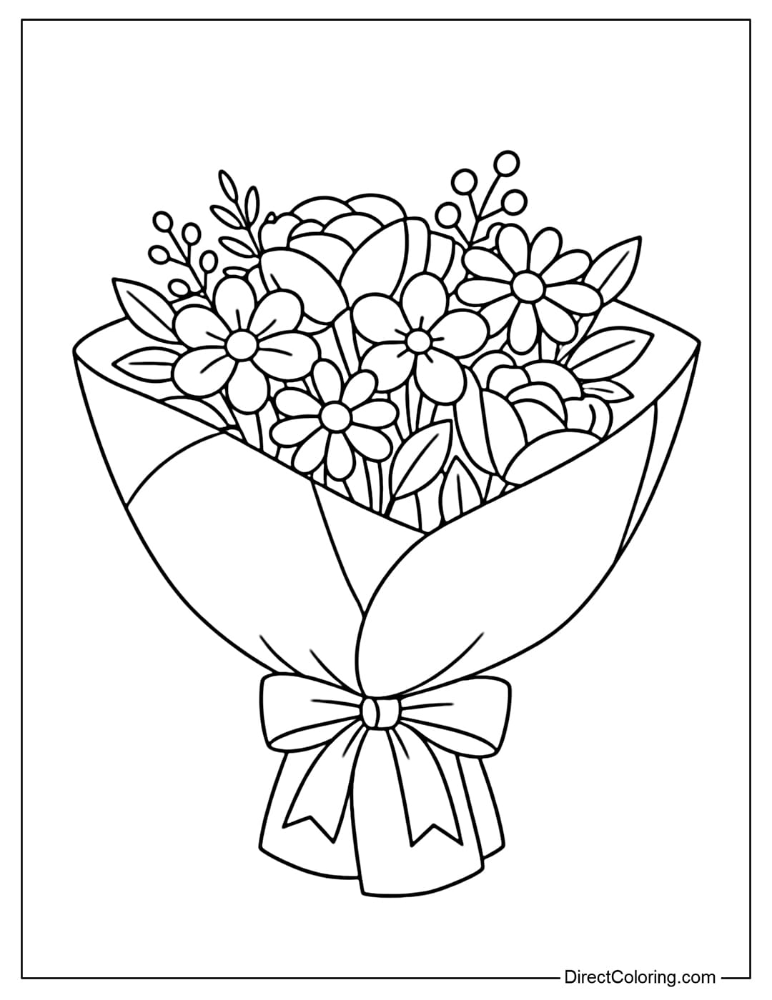 A coloring page of a flower bouquet wrapped in wrapping paper with a rounded center. The wrapping paper is divided into several large sections for easy coloring, and the flowers are drawn minimally.