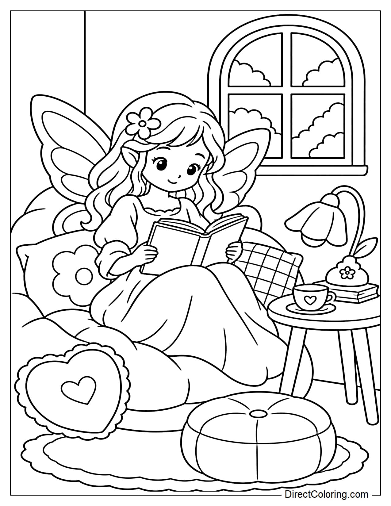 A fairy is relaxing in a cozy little reading nook on a soft cushioned chair while holding an open book. Beside her is a small round table with a cup of tea, a flower-shaped lamp, and a few large cushions.