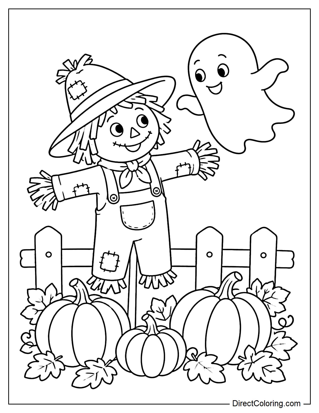 A ghost floats beside a friendly scarecrow wearing a wide-brimmed hat, and the two look happily at each other. A few large pumpkins and autumn leaves appear below.
