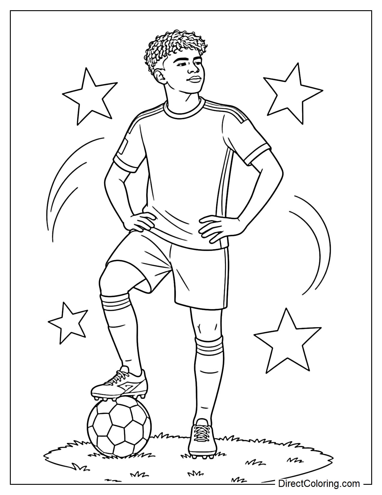 Lamine Yamal strikes a confident pose with one foot on a soccer ball, hands on hips, and grass below.