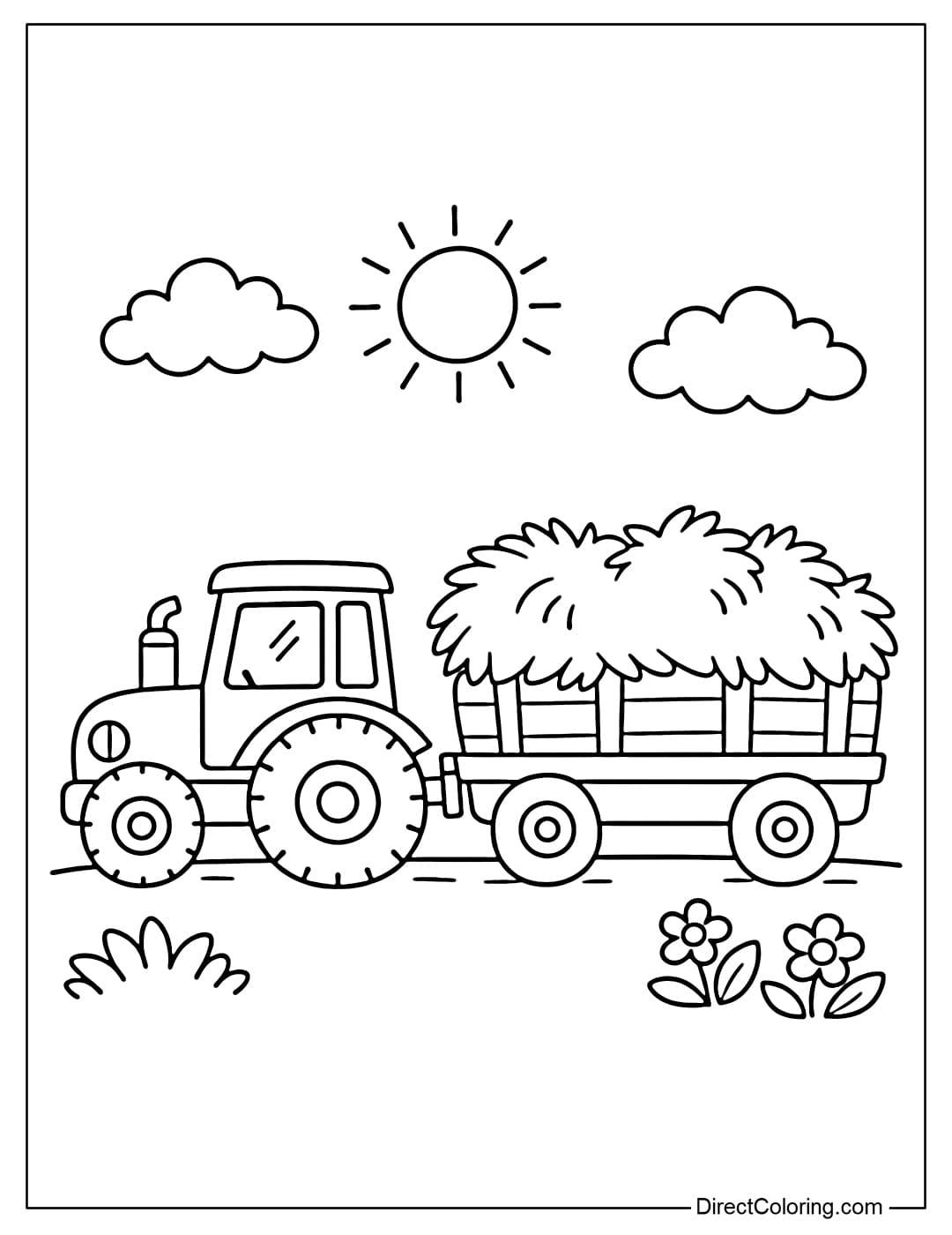 Coloring page for a farm trailer carrying straw with large, easy-to-color details.