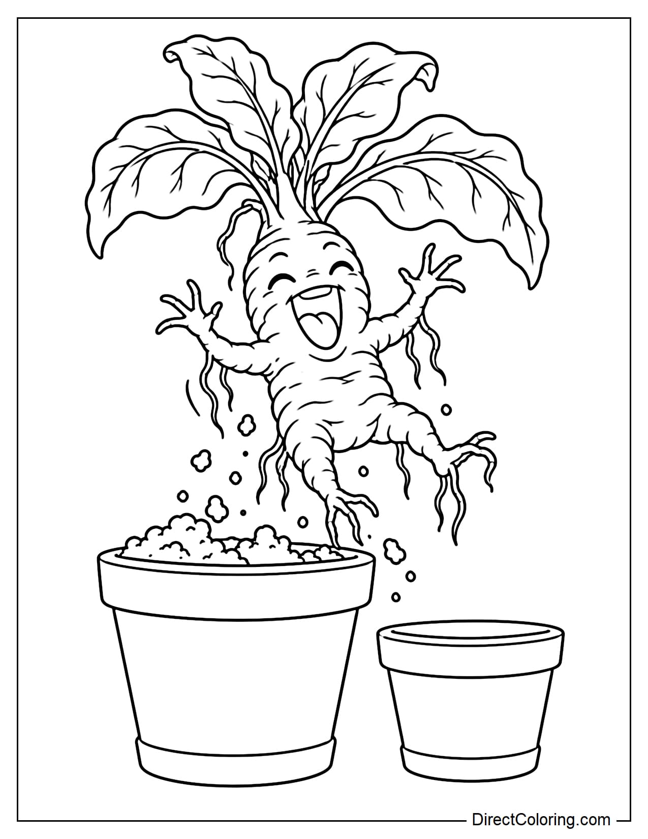 A Mandrake is being pulled out of a large flowerpot, with its roots forming a small body with two arms and two legs, its mouth wide open, and large leaves growing from its head, with an empty flowerpot beside it.