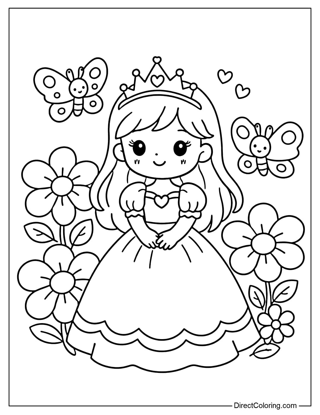 A coloring page featuring a princess standing with butterflies and a few large, simple flowers.