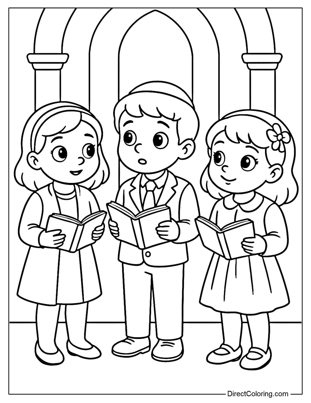 Coloring page of children dressed in beautiful clothes going to church, holding prayer books, cute curious faces.