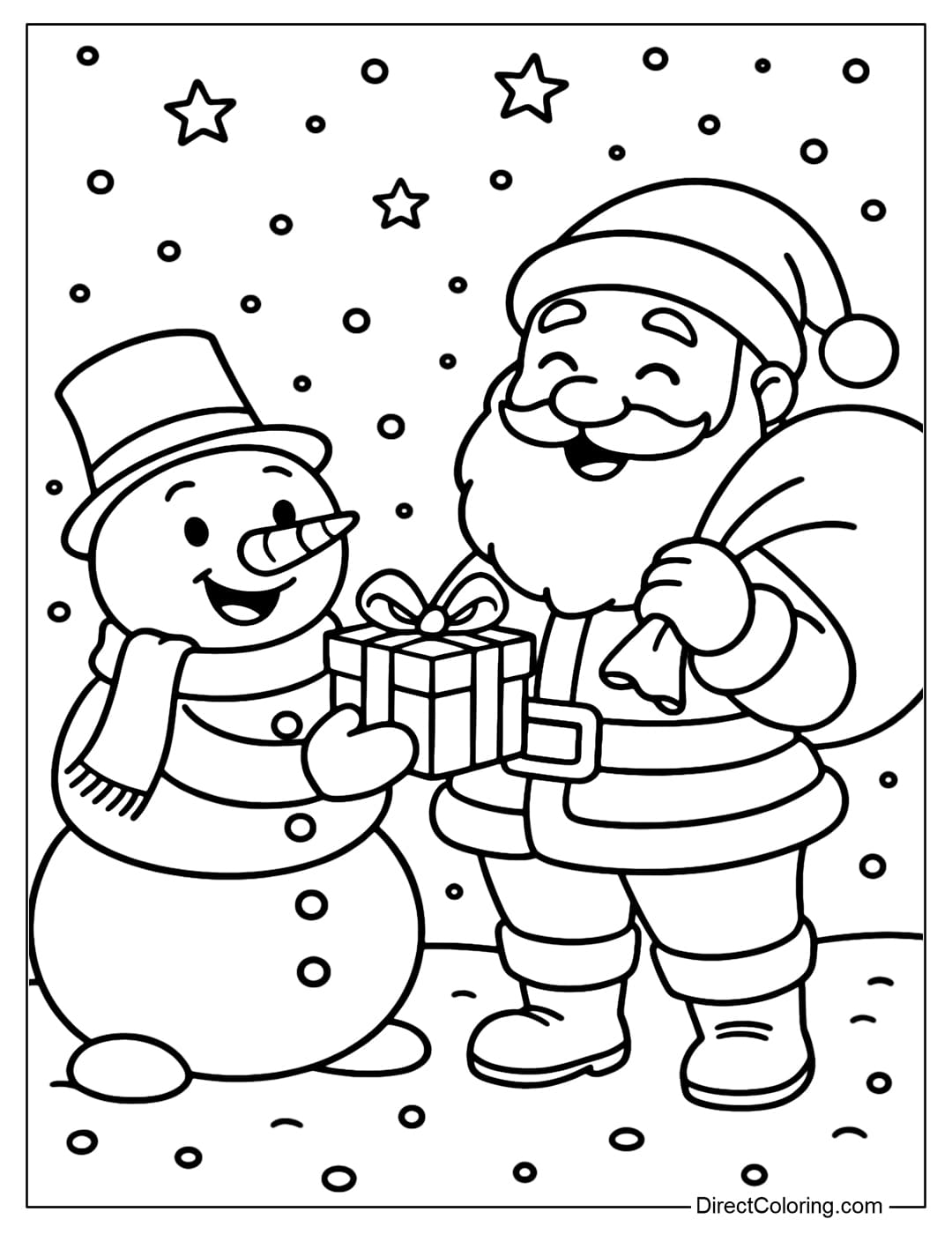 Coloring page of a snowman and Santa Claus smiling together, giving gifts.
