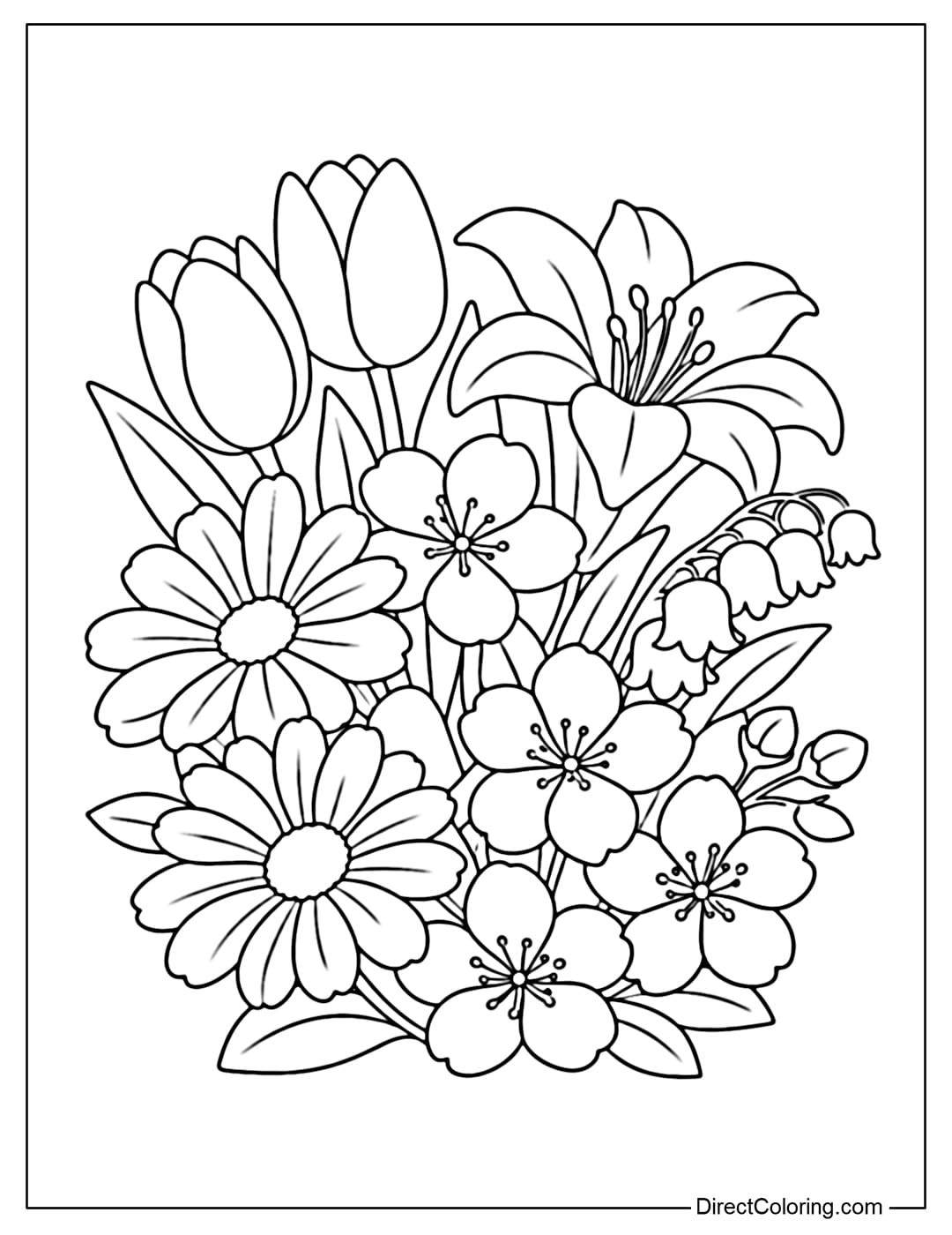 A coloring page of spring flowers blooming neatly in clusters.