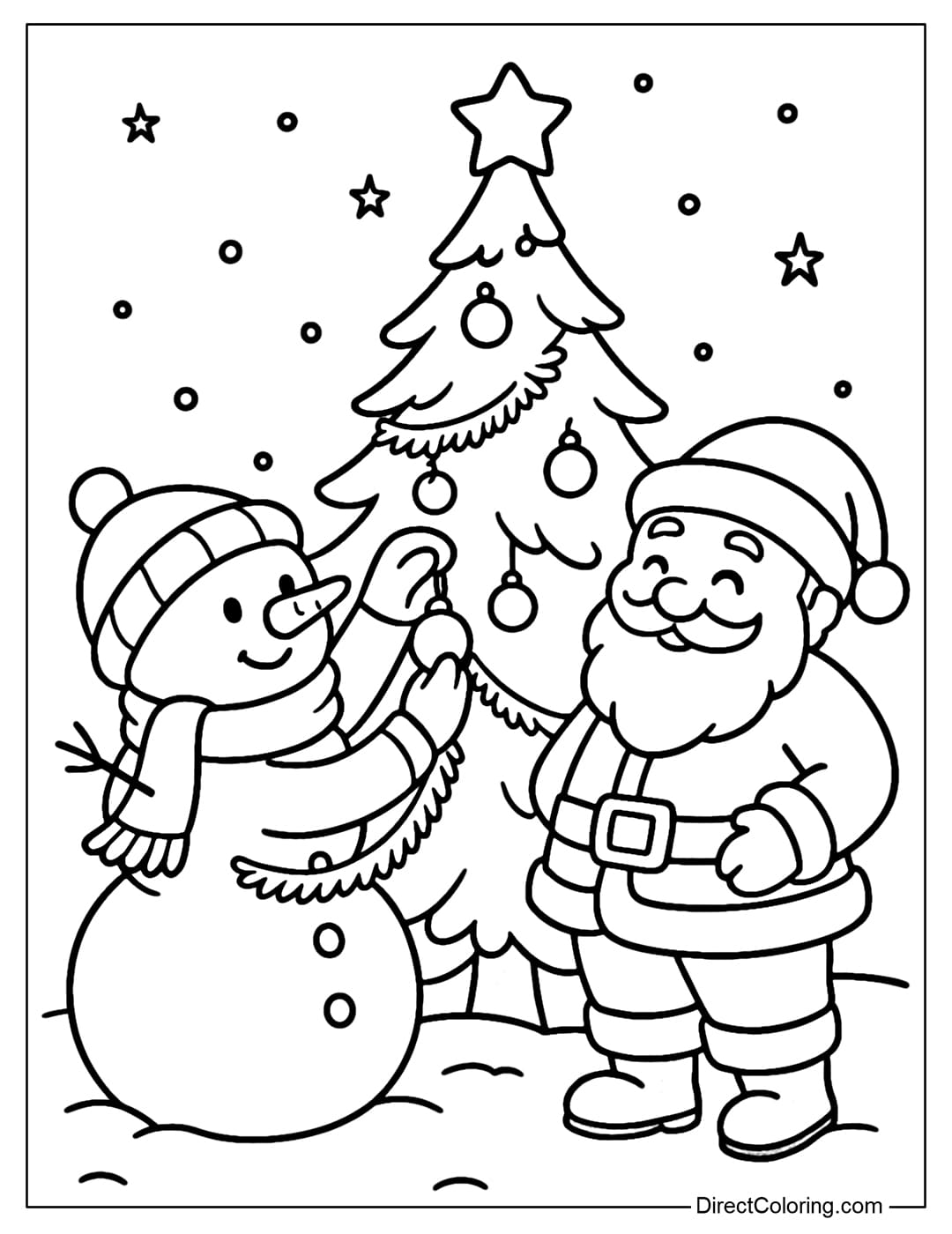 A Christmas snowman coloring page hanging balls and tinsel on a pine tree, with Santa Claus standing next to it.