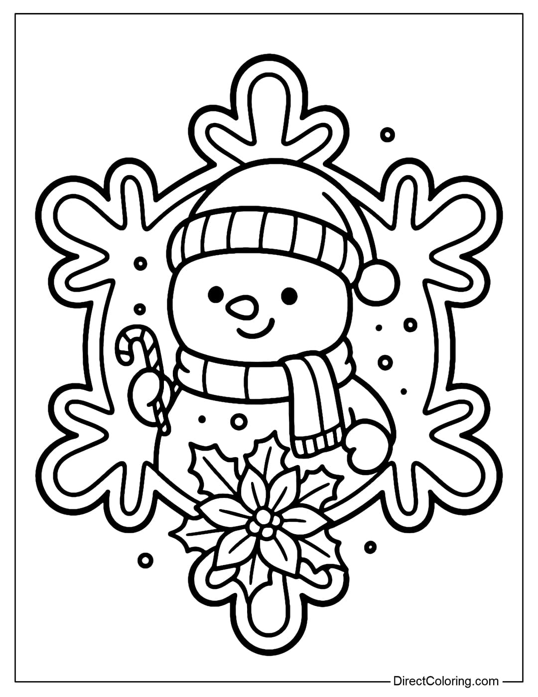 A coloring page of a large, double-bordered snowflake frame, inside which is a snowman wearing a wool hat and scarf, holding a candy.