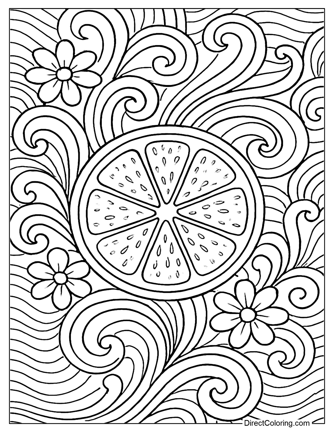 Artistic composition coloring page: lemon slices, decorative motifs, gentle wavy patterns.