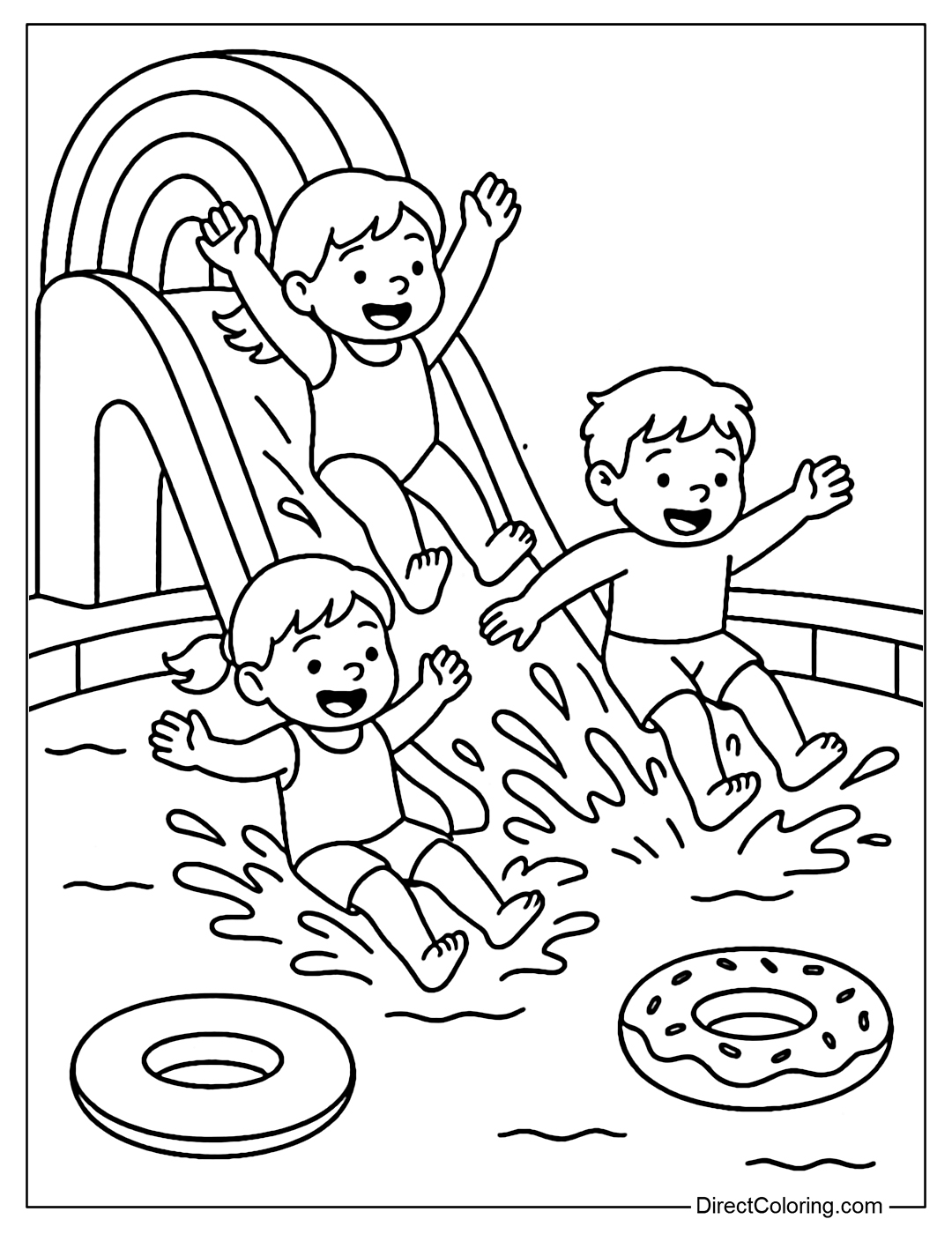 Coloring page of kids sliding down the rainbow slide into the pool, water splashing, surrounded by floating floats.