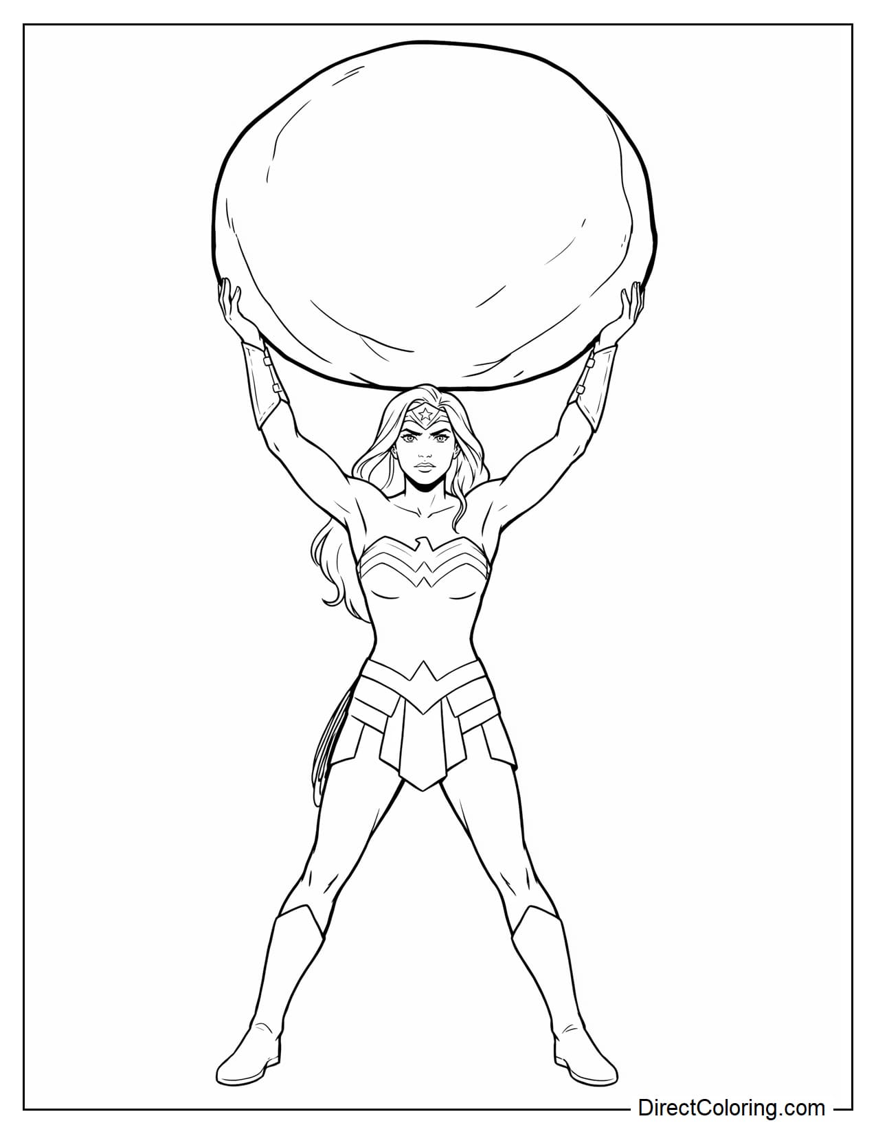 Wonder Woman stands firmly with her feet slightly apart, using both hands to lift a giant boulder above her head, her face showing determination.