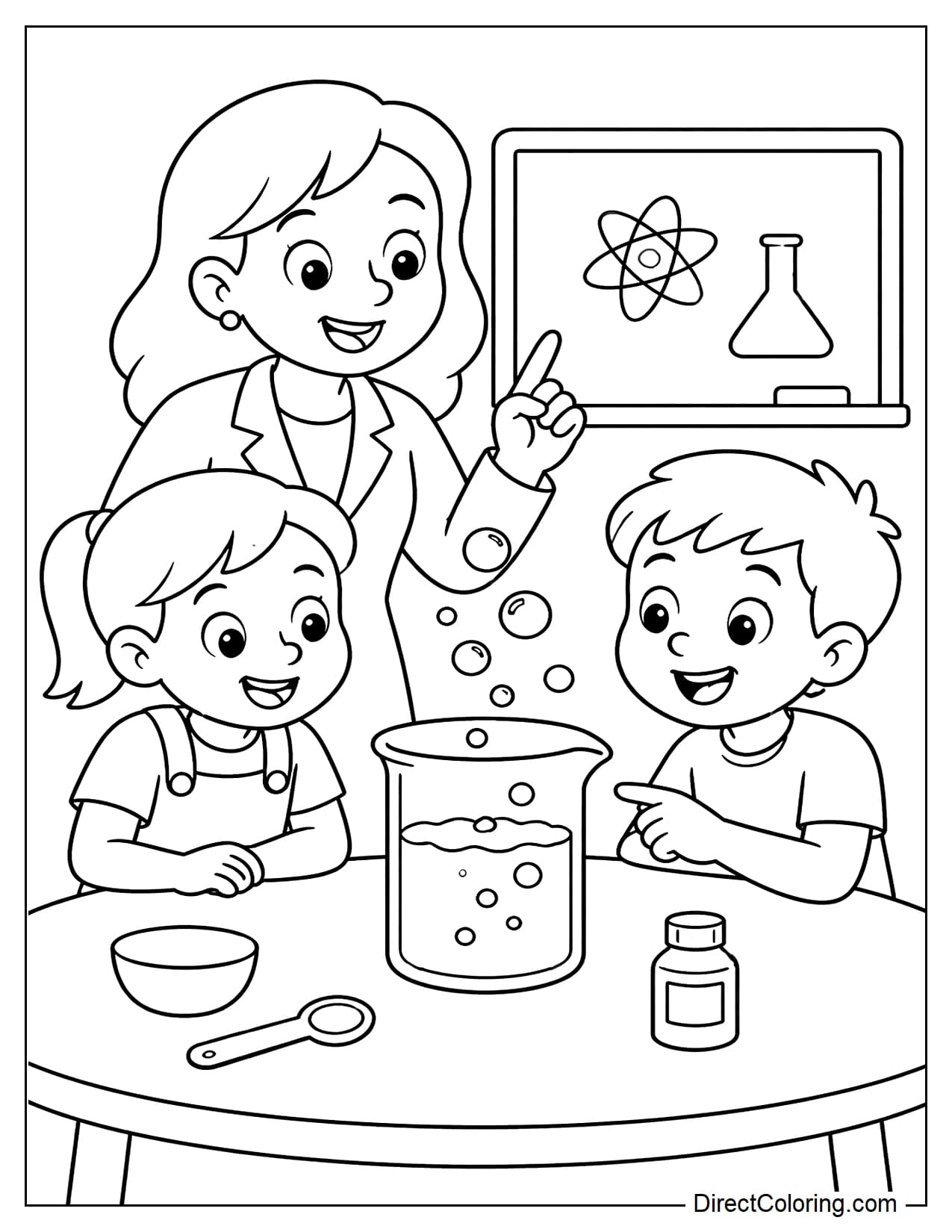 A female teacher is guiding two students as they do a simple science experiment on a table, with a large beaker and a few bubbles rising above it.