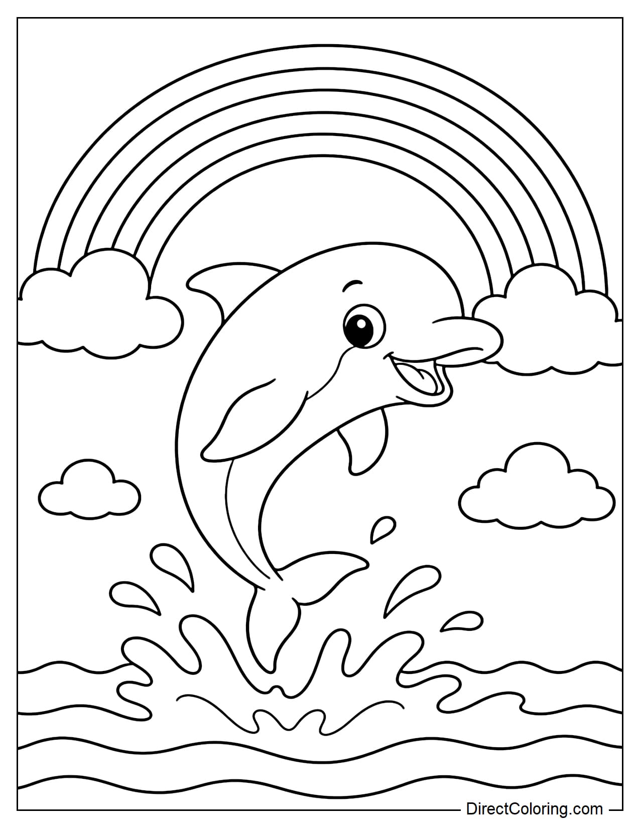 A dolphin happily leaps out of the sea beneath a large rainbow.