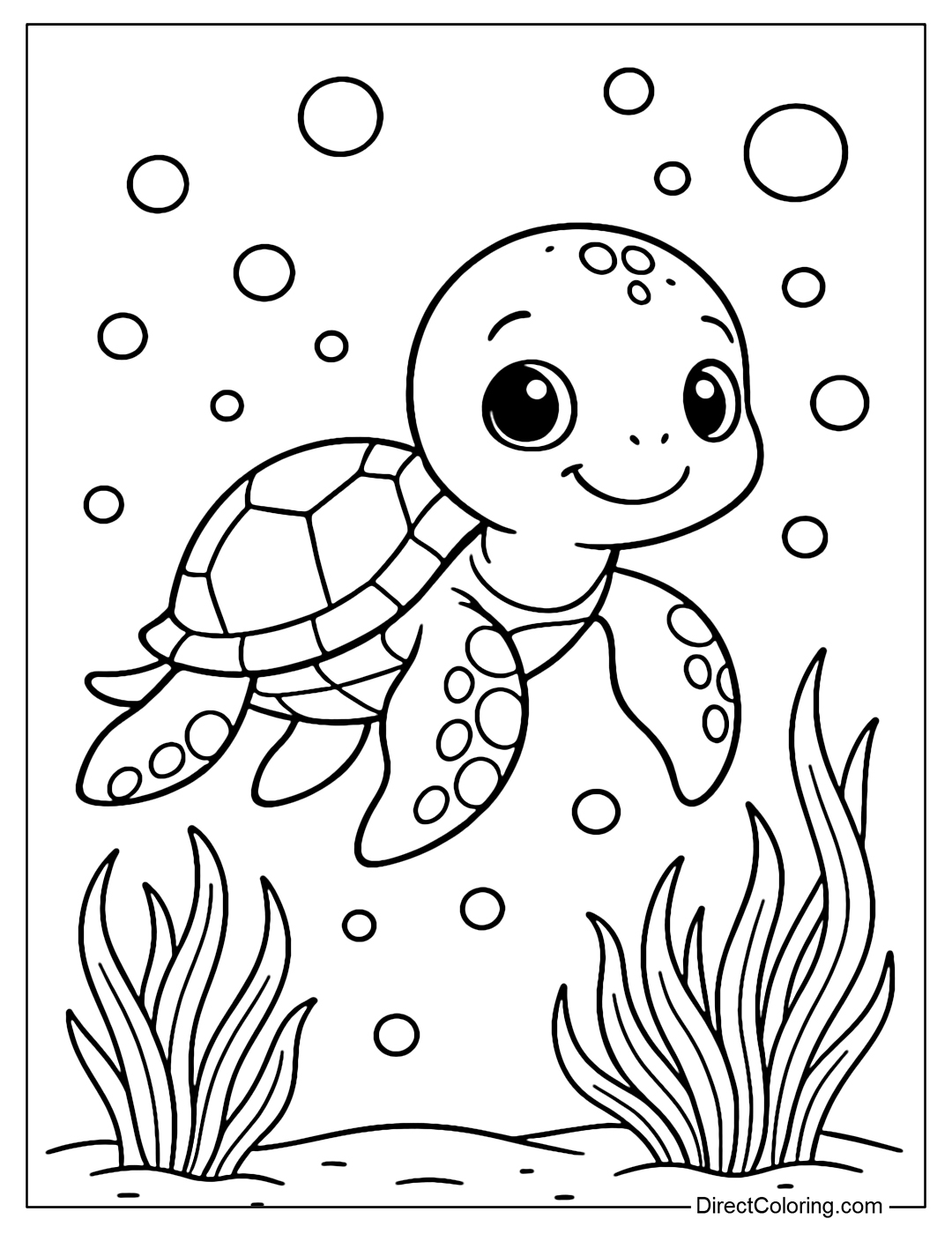 A baby turtle coloring page swimming among bubbles and seagrass.