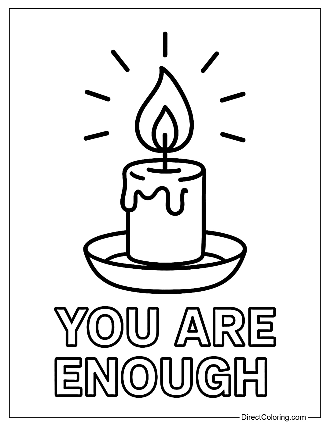 Coloring page of a small candle burning brightly in the dark, next to the words 