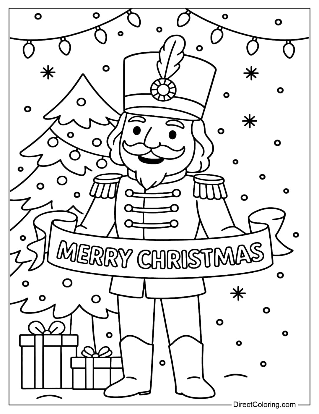 Coloring page of a tall chestnut soldier holding a banner reading 