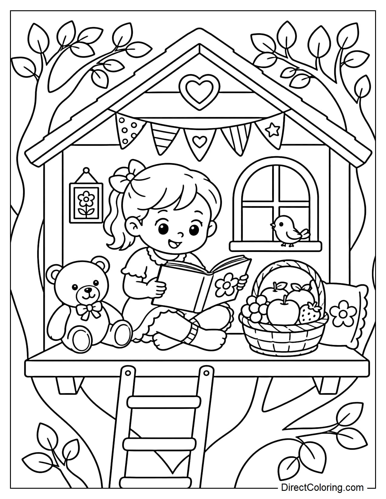 A little girl sits reading a book in a charming little treehouse, with a fruit basket, stuffed animals, and a bird perched near the window. There are some leaves and flags around her.