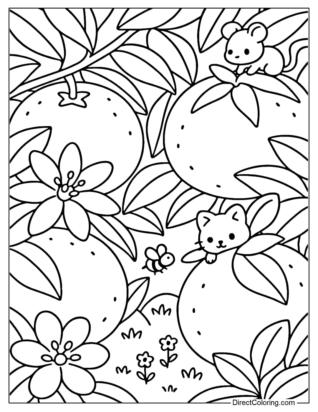 A giant orange garden coloring page. A tiny kitten hides behind the flowers, a little mouse clings to the orange stem.
