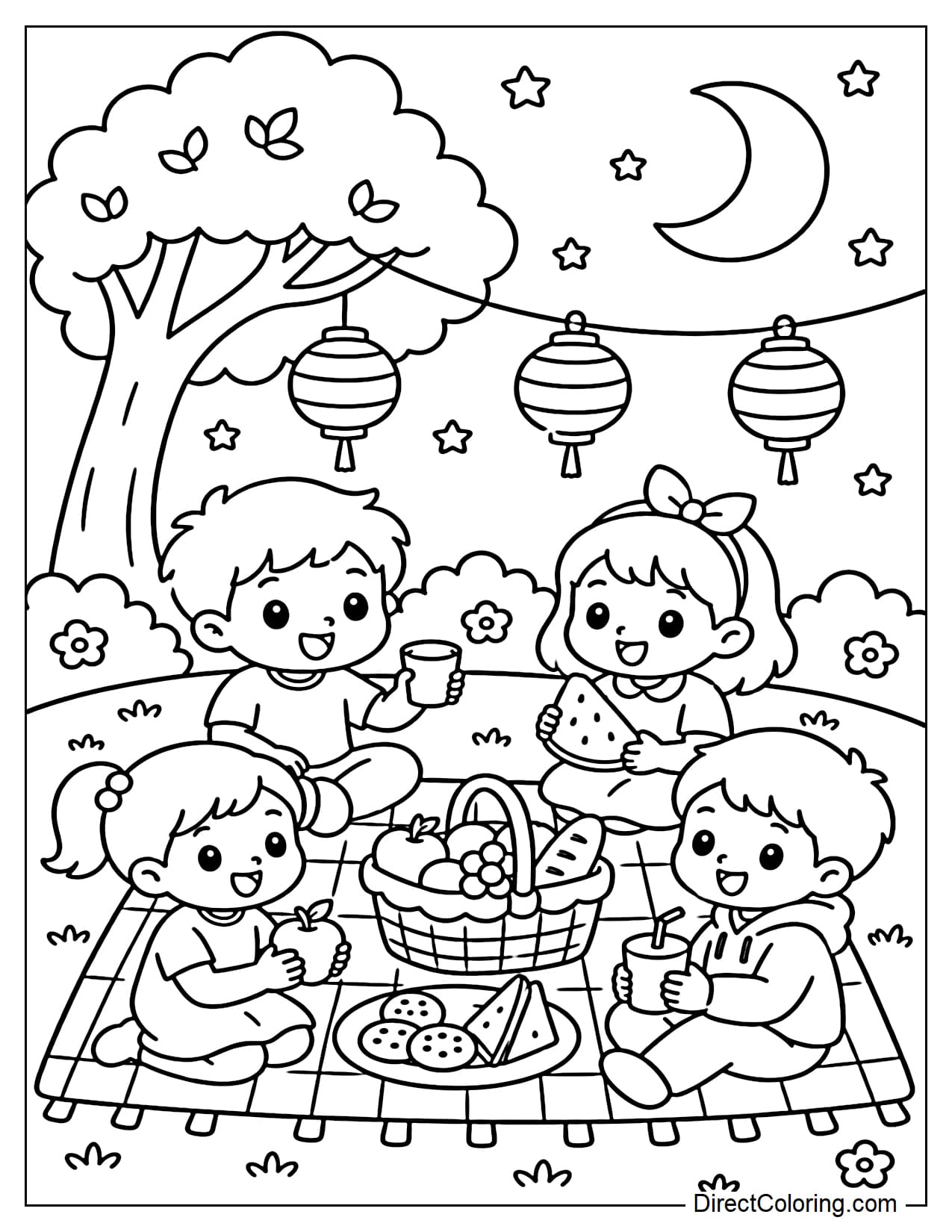 A group of children are picnicking under the night sky with a crescent moon, hanging lanterns, and a few small stars, creating a cozy and cute atmosphere.