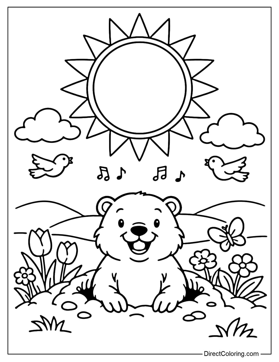 A coloring page of a groundhog with no shadow, above it a large sun, symbolizing the early arrival of spring.