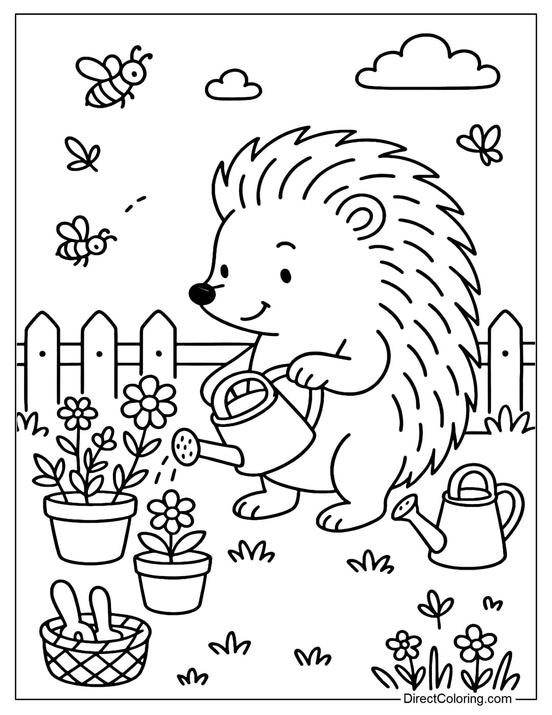 Hedgehog Gardening Coloring Page Coloring page of a cute hedgehog watering a small flower pot.