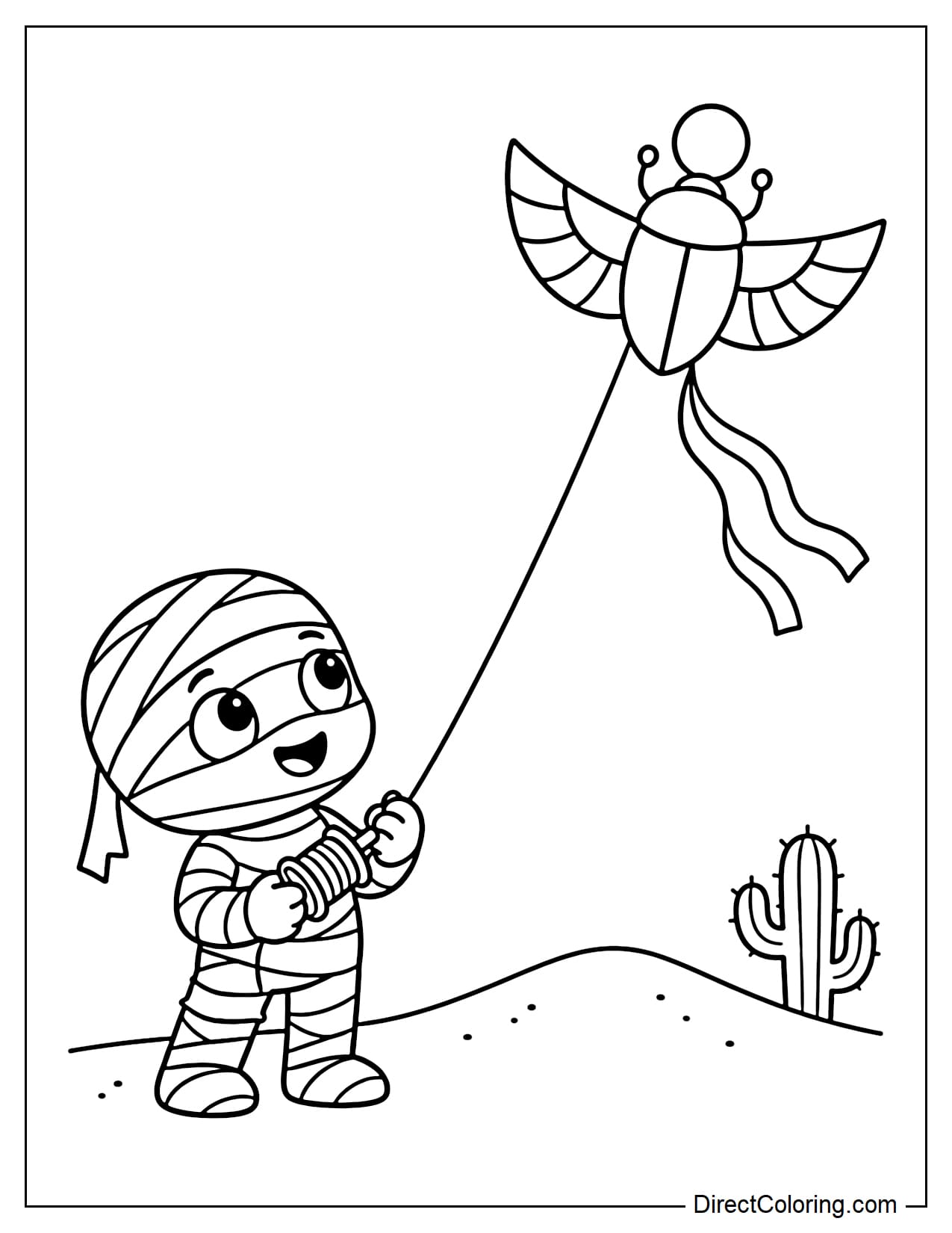 A mummy is holding a kite string and looking up at a scarab-shaped kite flying above, with a low sand dune and a small cactus nearby.