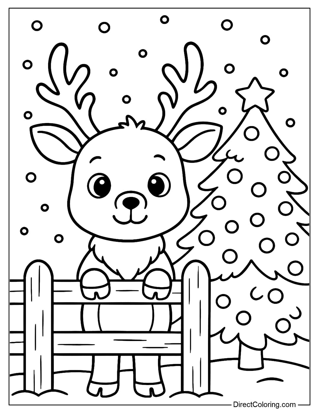 Coloring page A cute reindeer standing behind a wooden fence in the middle of a snowy landscape and a pine tree.