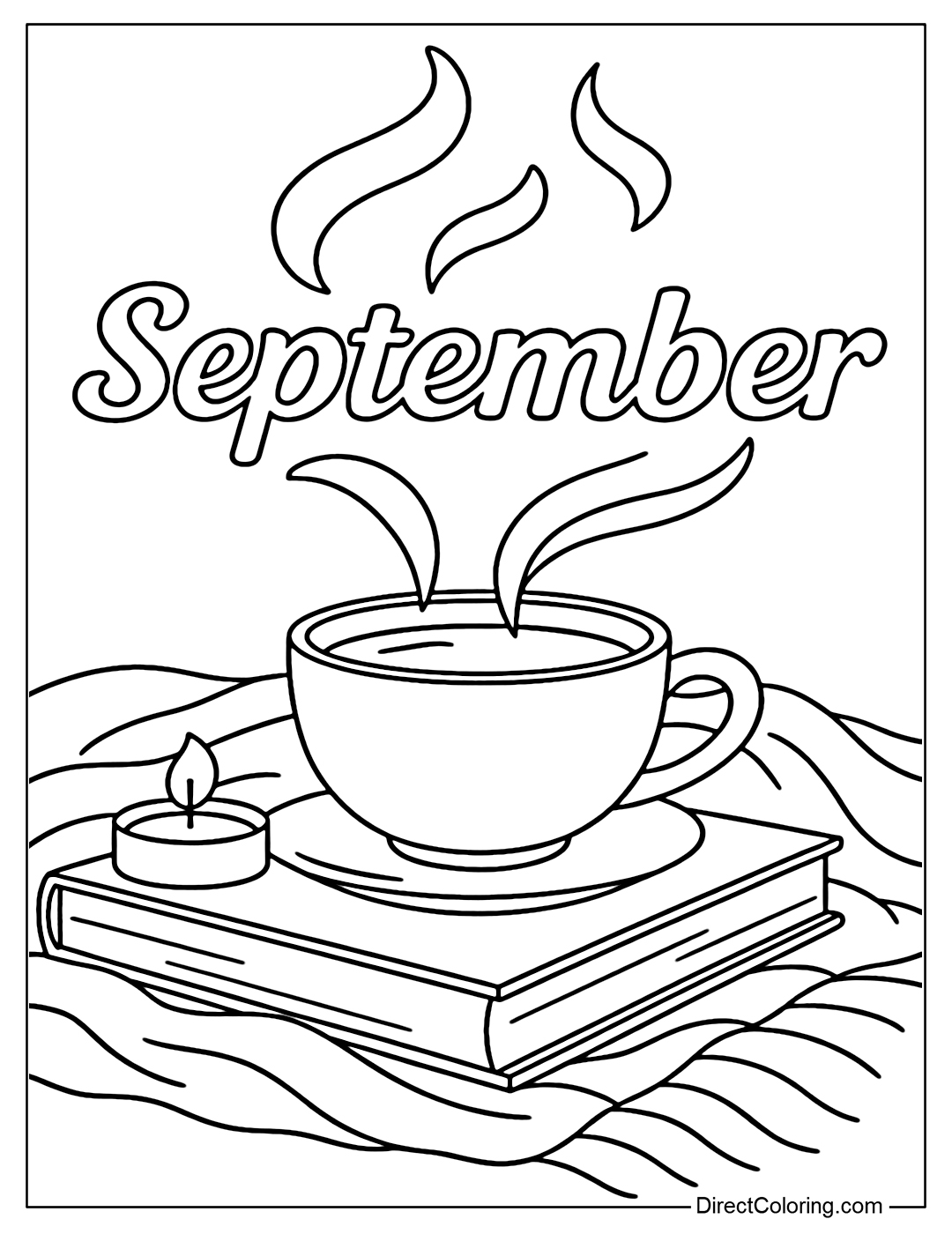 September coloring page rising like steam from a cup of coffee or tea. Surrounded by books, small candles, and a thin blanket
