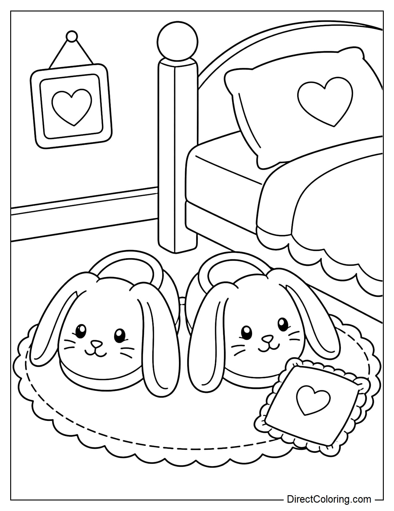 A cute pair of bunny-shaped indoor slippers with long ears, resting on a small bedroom rug beside a tiny pillow.