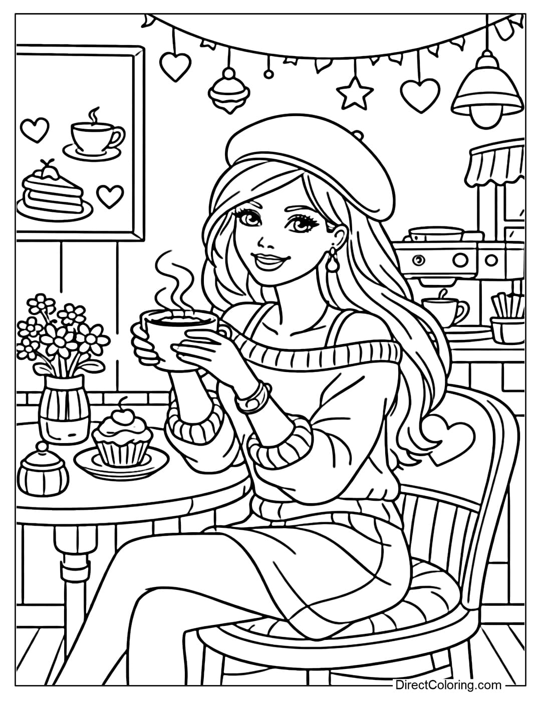 A coloring page of Barbie enjoying coffee at a cute little cafe.