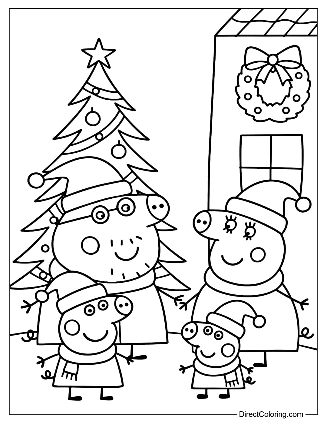 A coloring page of Peppa Pig's family standing in front of a house decorated for Christmas, with a big Christmas tree.