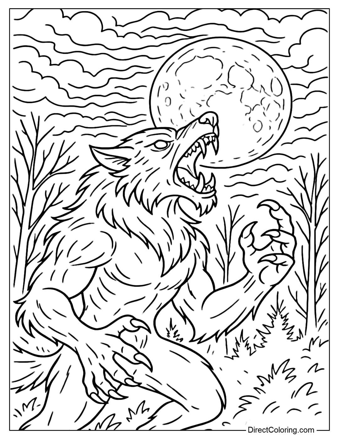 A werewolf coloring page roaring under the full moon, eyes shining, sharp claws, in the dark forest.