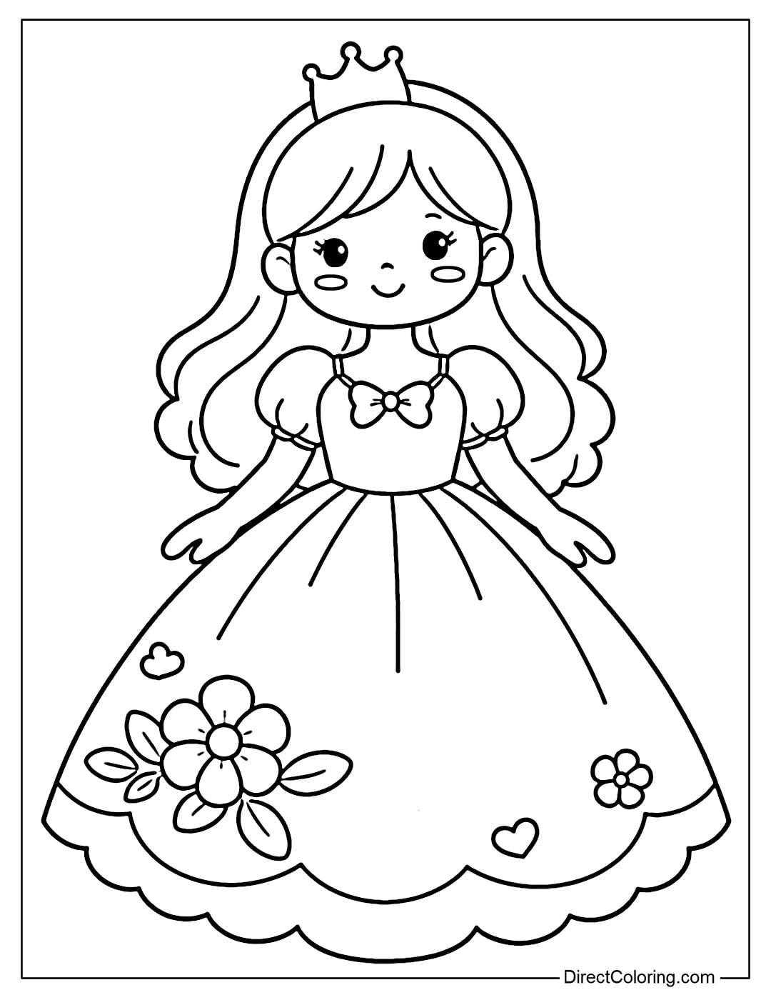 A coloring page of a princess wearing a simple dress with a large shape.