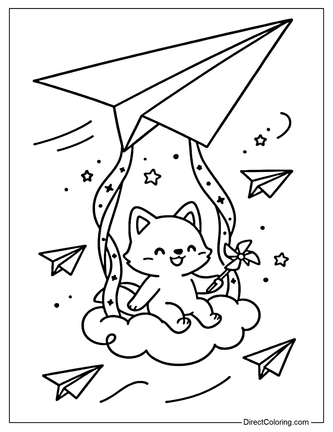 Paper plane swing coloring page, little fox sitting on the cloud holding a pinwheel.
